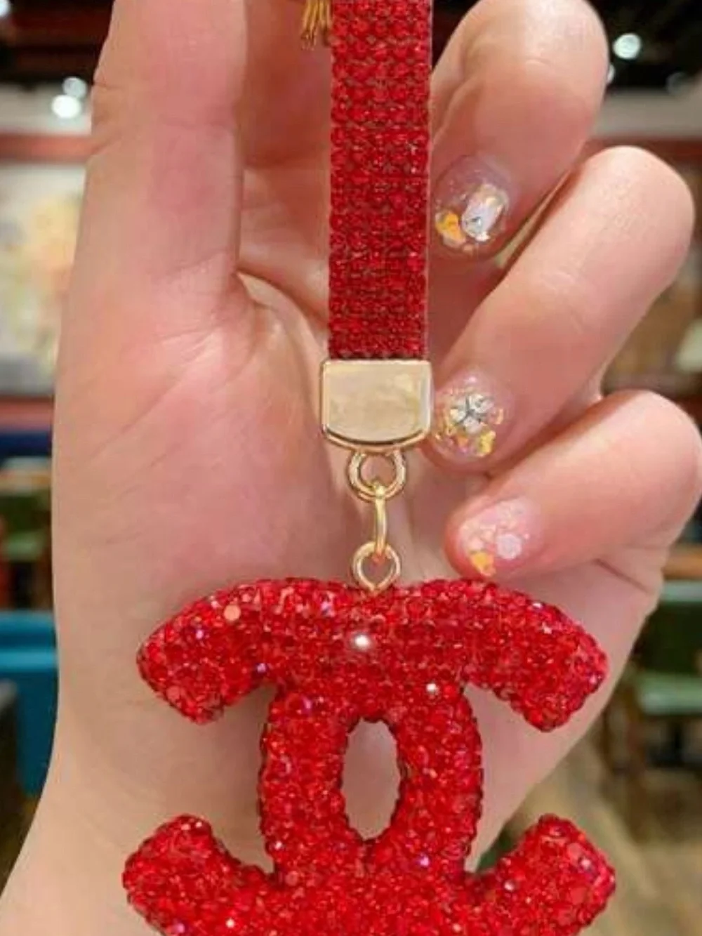Red Crystal CC Logo Keychain Wristlet - 24K Gold Accent